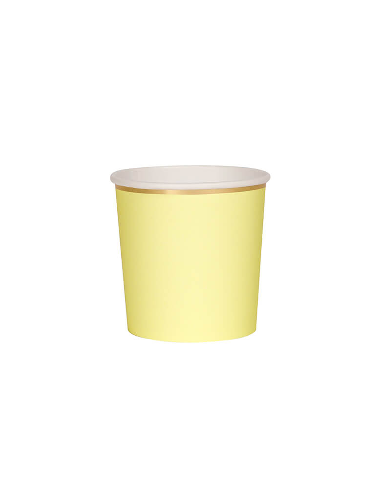 Meri Meri 8.8 oz Pale Yellow Tumbler Cups. Made from high-quality card with a shiny gold foil border and superb gloss finish, they are great for a spring or summer themed party!