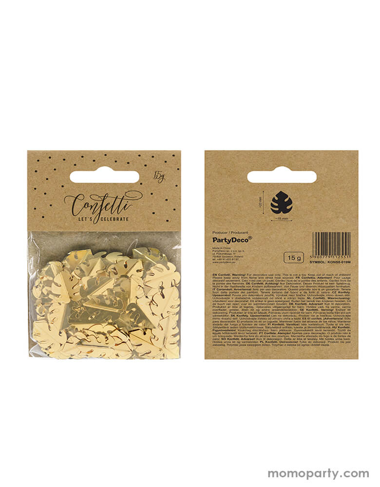 Party Deco Palm Leaf Gold Confetti packaging. This confetti features Palm leaf shape cutouts with gold foil. Add some fun to your jungle, dinosaur or tropical themed party by spreading this set of palm leaf confetti in metallic gold to your table! party supply accessories Sold by Momo party store provided modern party supplies, boutique party supplies, chic holiday party supplies and high end party supplies