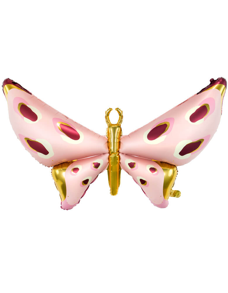 Party Deco 47" Beautiful Pink Butterfly Foil Balloon in pretty pastel pink and maroon with gold accent, perfect for girl's butterfly fairy birthday party or a spring garden themed celebration