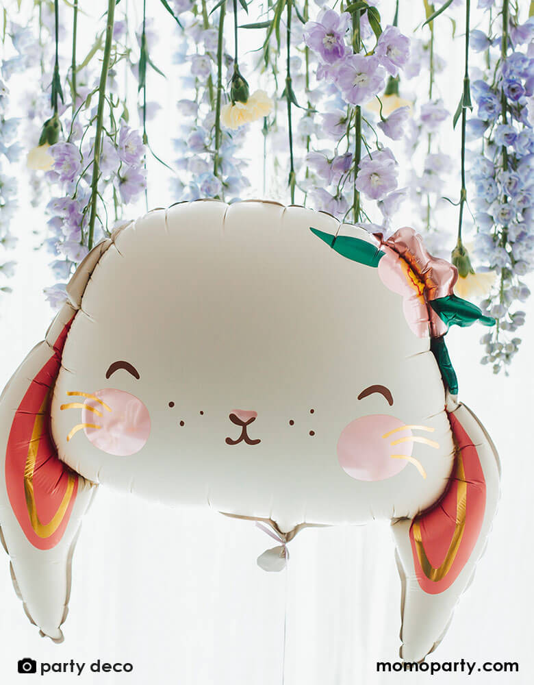 Party Deco 26" Floral Bunny Foil Balloon in front of pretty spring floral Backdrop - perfect for an Easter celebration