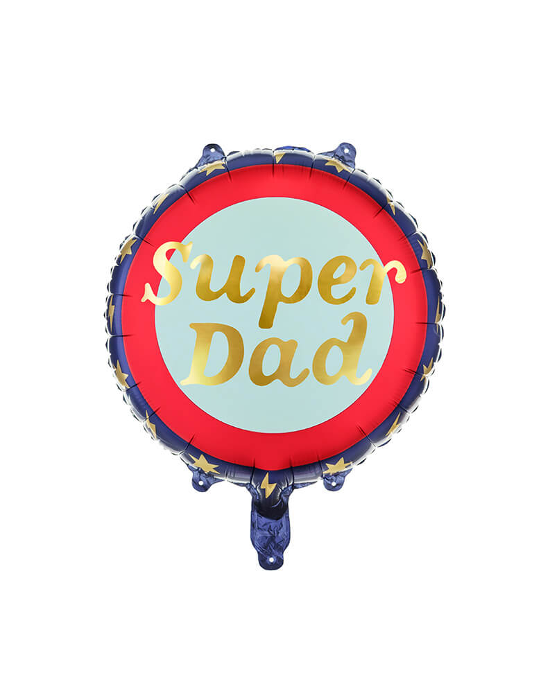 Party Deco 18" Round blue, red and gold foil balloon with Super Dad message on it, great for Father's Day celebration