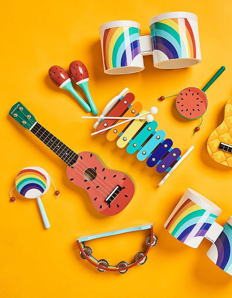 Sunnylife Colorful Music instruments with Watermelon Maracas, watermelon tambourine, watermelon ukulele