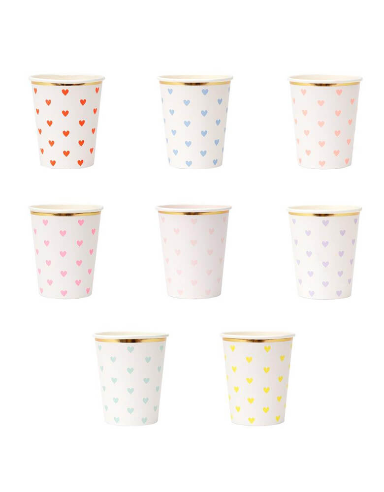 Meri Meri 9 oz Party Palette Heart Cups in 8 colors with heart pattern on them and gold foil edge