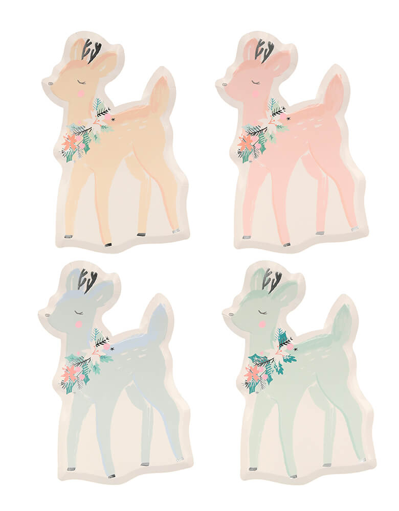Meri Meri - Pastel Deer Plates. These cute deer shaped paper plates are crafted with stunning pastel colors and silver detail for a stylish effect with watercolor illustration with wreath on their neck. Pack of 8 in 4 designs/colors. Made from eco-friendly paper. perfect for a dreamy holiday celebration