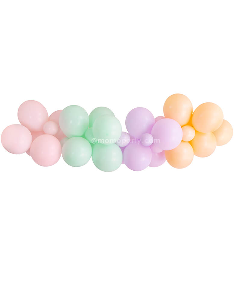 Pastel Rainbow Balloon Garland by Momo Party. Assorted 11” (large) & 5” (small) latex balloons garland kit in Pastel matte pink, Pastel matte mint, Pastel matte purple, and fashion blush. This dreamy pastel rainbow design are perfect for a modern pastel halloween themed party, rainbow birthday. unicorn party or baby shower, any birthday party for girl, 
