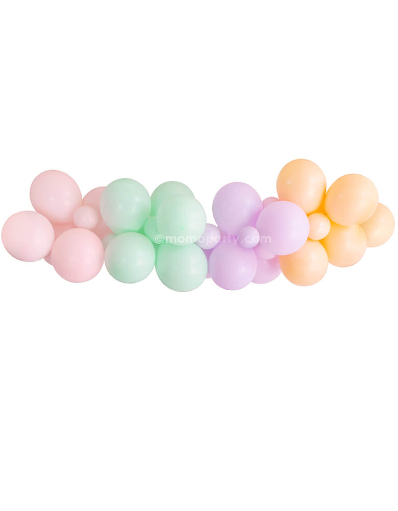Pastel Rainbow Balloon Garland by Momo Party. Assorted 11” (large) & 5” (small) latex balloons garland kit in Pastel matte pink, Pastel matte mint, Pastel matte purple, and fashion blush. This dreamy pastel rainbow design are perfect for a modern pastel halloween themed party, rainbow birthday. unicorn party or baby shower, any birthday party for girl,