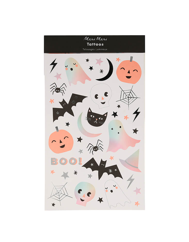 Meri Meri - 217216 Pastel Halloween Temporary Tattoo Sheets. Featuring the favorite Halloween characters like ghosts, spiders, bats and more in Sheet size: 6 x 10 inches.. These pastel Halloween temporary tattoos are simply too cute to spook!
