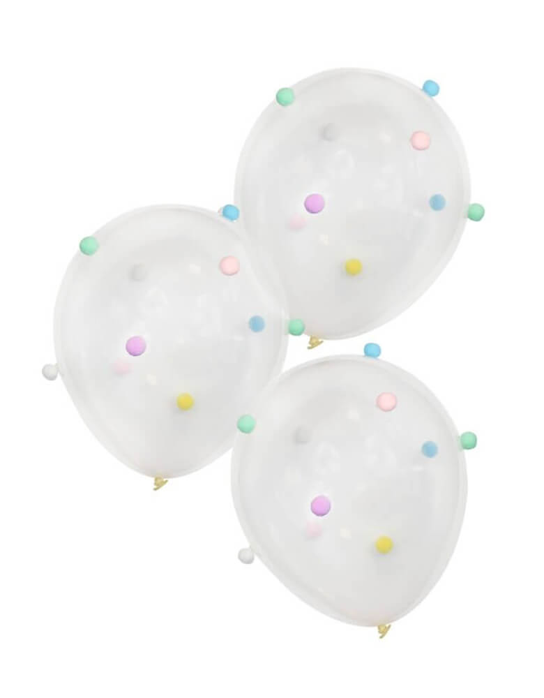 Ginger Ray - Pastel Pom Pom Balloon Mix. Featuring set of 5 clear latex balloon with Each pack includes 50 pom poms which can be stuck with glue dots included in pack.These fun and eye catching pom pom balloons will be a great addition to any venue and celebration.