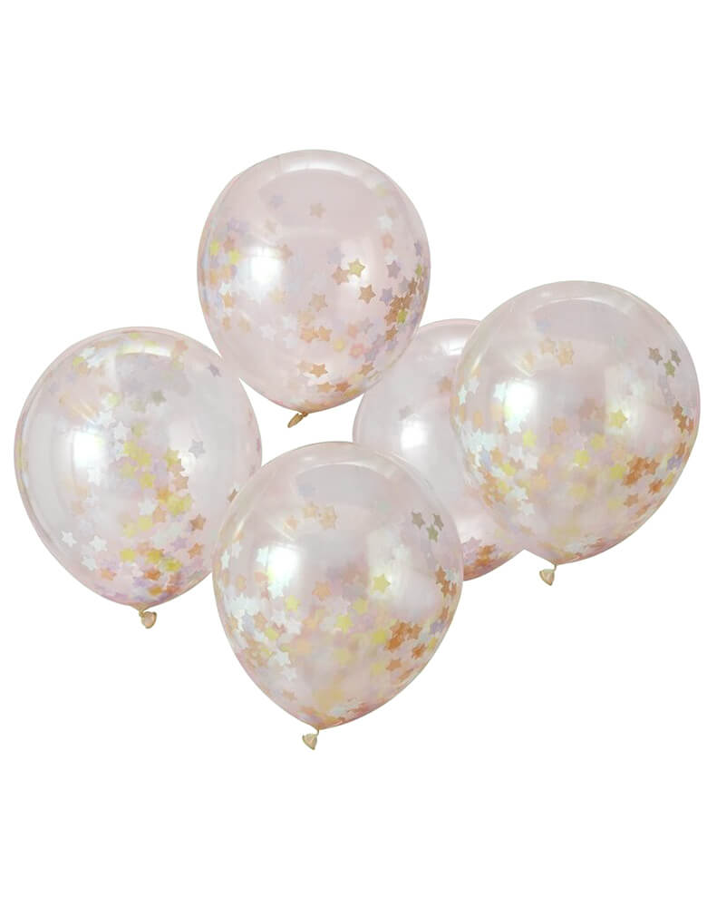 Ginger Ray - PASTEL STAR SHAPED CONFETTI BALLOONS. Featuring 5 clear latex balloon with pastel star shaped confetti. Fill your party with this fabulous pastel star shaped confetti balloons and create a mystical wonderland for your guests. These star confetti balloons will look magical at your celebrations.