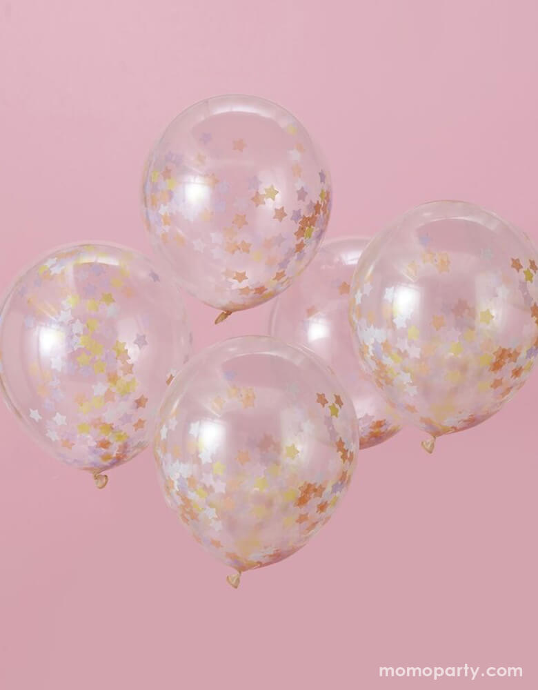 Ginger Ray - PASTEL STAR SHAPED CONFETTI BALLOONS with pink background . Featuring 5 clear latex balloon with pastel star shaped confetti. Fill your party with this fabulous pastel star shaped confetti balloons and create a mystical wonderland for your guests. These star confetti balloons will look magical at your celebrations.