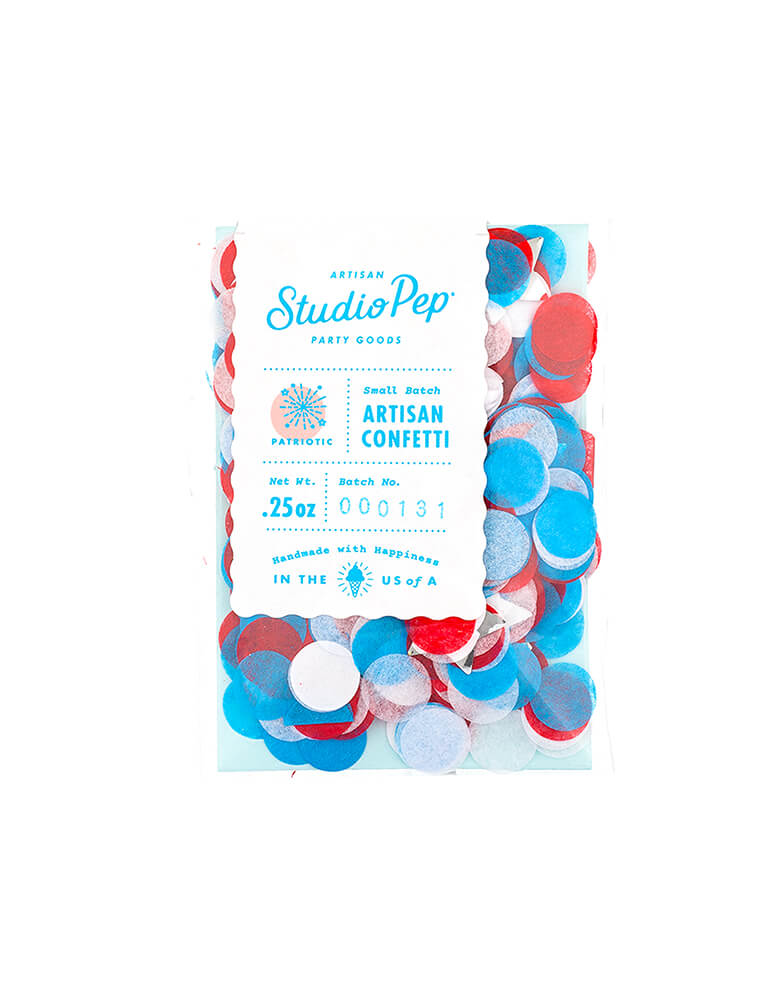 Studio Pep - Patriotic Artisan Confetti Mini Bag. Packaged in 3 x 4" cello bag, 1/4 ounce. 5" circles with Blue, Red and White  tissue paper and silver stars. Fully separated and pressed from American made tissue paper for the most beautiful colors. Handmade Pressed from sustainably sourced, American made tissue paper • Metallic shred made in USA 