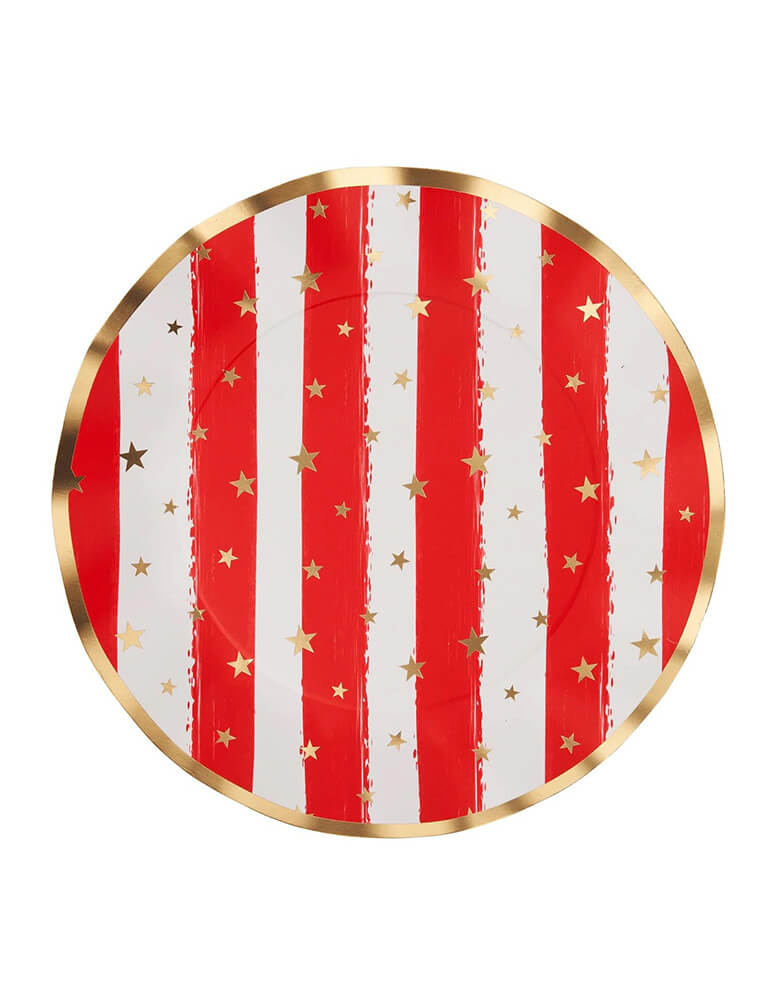 Sophistiplate 10" Wavy patriotic red and gold confetti dinner plates featuring gold star pattern and ruffled edge plates, showing off stripes of the American Flag, a perfect tableware for that summer Fourth of July BBQ party! 