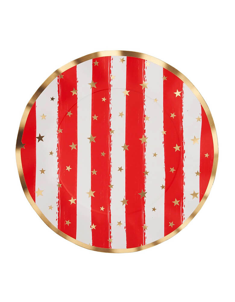 Sophistiplate 10" Wavy patriotic red and gold confetti dinner plates featuring gold star pattern and ruffled edge plates, showing off stripes of the American Flag, a perfect tableware for that summer Fourth of July BBQ party!