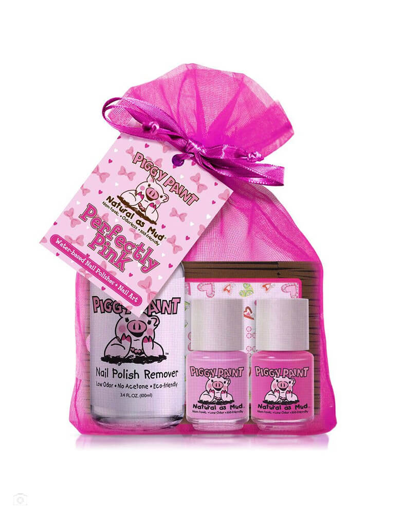 Piggy Paint Nail Polish Gift Set -Perfectly Pink Polish Sets. This fun nail polish set which includes Two 0.25 oz. Nail Polishes (PINKie Promise & LOL), 3.4 oz. Remover + Heart Nail Art stickers all in a Pink Sheer Organza Bags. There are Non-toxic, odorless & safe for all ages. Cruelty-free + Vegan and Made in the USA. These are prefect gift set for kids birthday, and stocking stuffer for holiday. Morden and high quality party boutique online store at momoparty.com