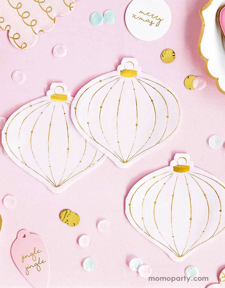 Pink-Christmas-Ideas-by Momo Party with Party Deco Christmas Ornament-Napkins-on a Pink background with festive pastel and gold confetti