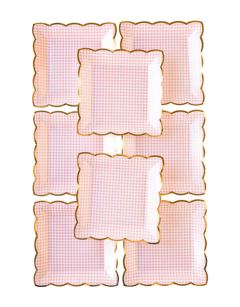 Momo Party's 9" x 9" pink gingham plates. Come in a set of 8 plates and featuring gold foil accent, these plates are perfect for a spring themed party or an Easter celebration.