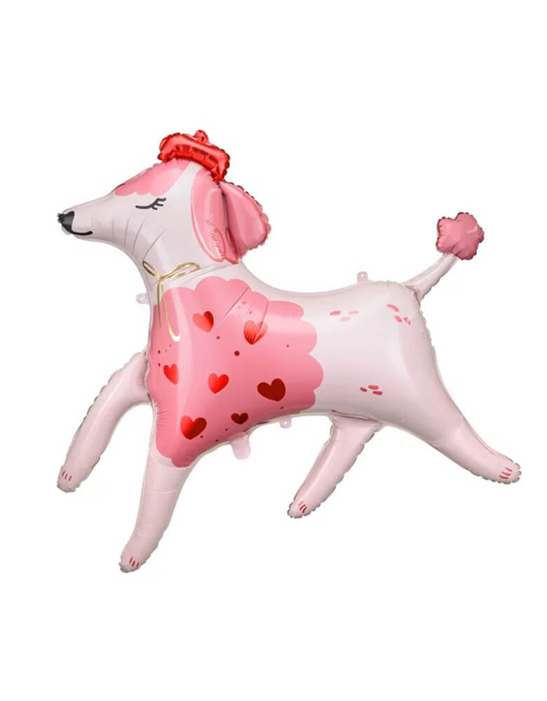 Momo Party's 47 x 42.5 inches pink poodle shaped foil balloon by Party Deco, with a adorable blush color and heart illustration in pink and red on its body, with an adorable red beret, this French inspired lovely poodle dog is a perfect addition to your romantic Valentine's day celebration with your loved one.