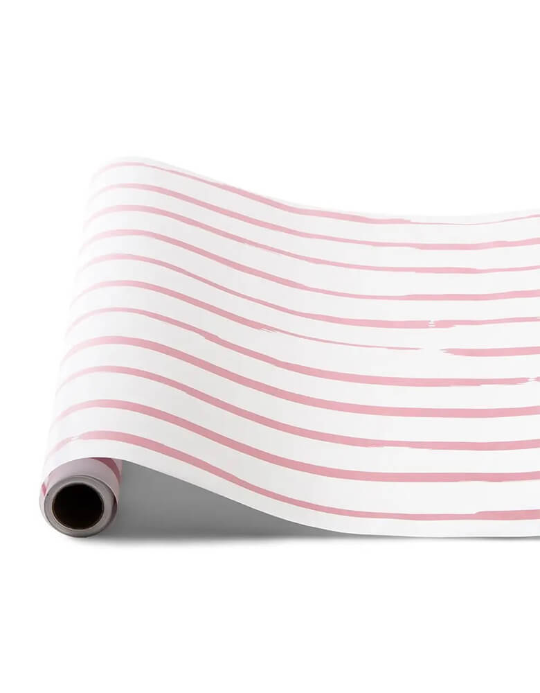 Momo Party's 20 x 25" pink striped paper table runner by Weddingstar Inc. Printed with a fun, pink striped pattern over a bright white backdrop, the paper table runner is the perfect accent for your party tables. You can pair it with a solid colored tablecloth or overlay the "Light Pink Stripe" table runner on a bare table surface for a modern decorative aesthetic. The ideal backdrop for your centerpiece arrangements, the runner comes in a roll that holds 25 feet of the cute patterned paper.