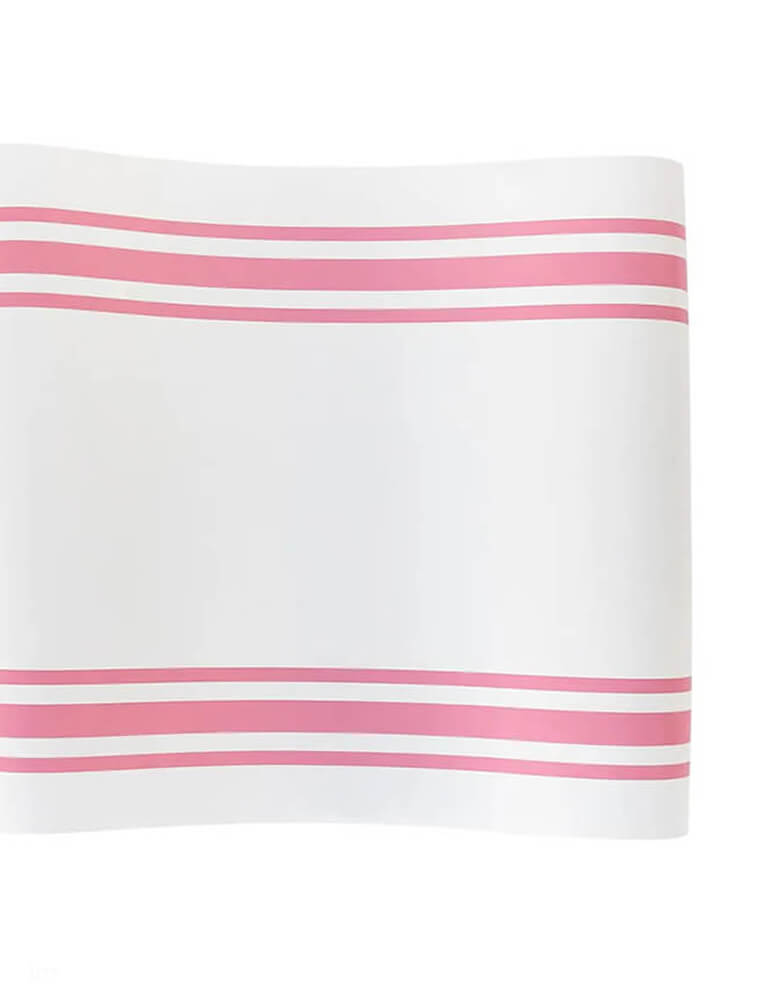 Momo Party's 16 x 120 inches pink striped table runner by My Mind's Eye. With a simply yet chic design, it's perfect for a girl's birthday party, a princess or ballerina themed birthday or an Easter or spring inspired celebration.