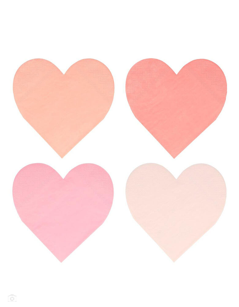 Meri Meri pink tone large die cut heart shaped napkin set in 4 shades of pink including coral, pink, peach and blush, perfect for a Valentine's Day or Galentine's Day celebration, wedding, bridal shower, engagement party or any girly themed birthday party.