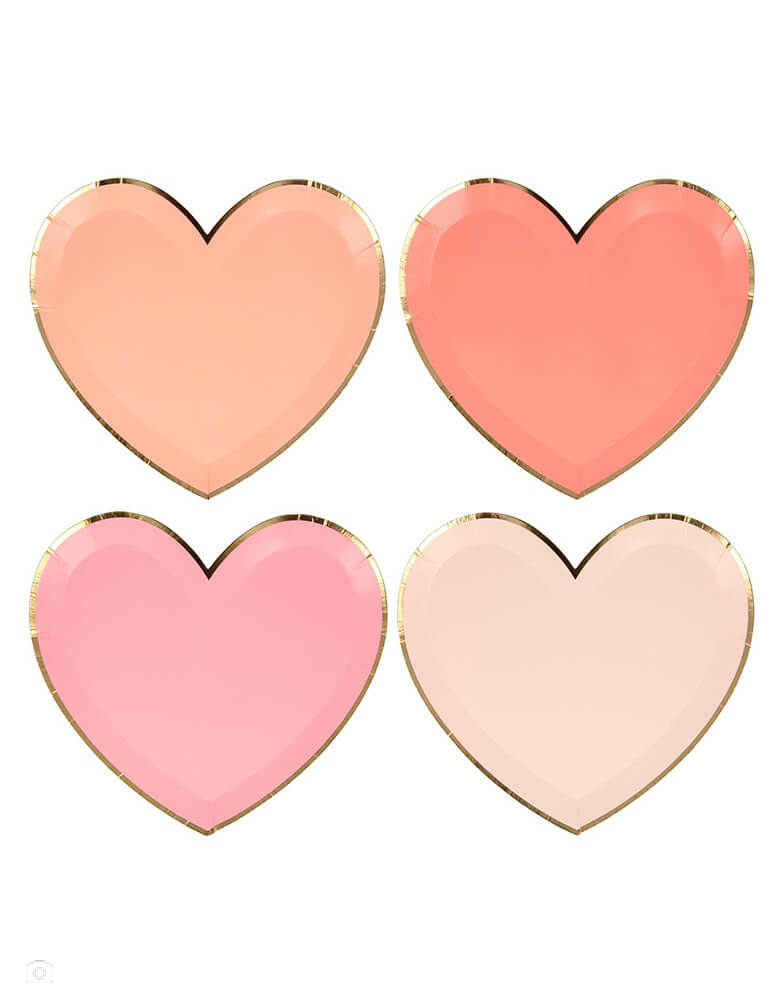 Meri Meri pink tone large die cut heart shaped party plate set in 4 shades of pink including coral, pink, peach and blush with gold foil detail on the edge, perfect for a Valentine's Day or Galentine's Day celebration, wedding, bridal shower, engagement party or any girly themed birthday party.