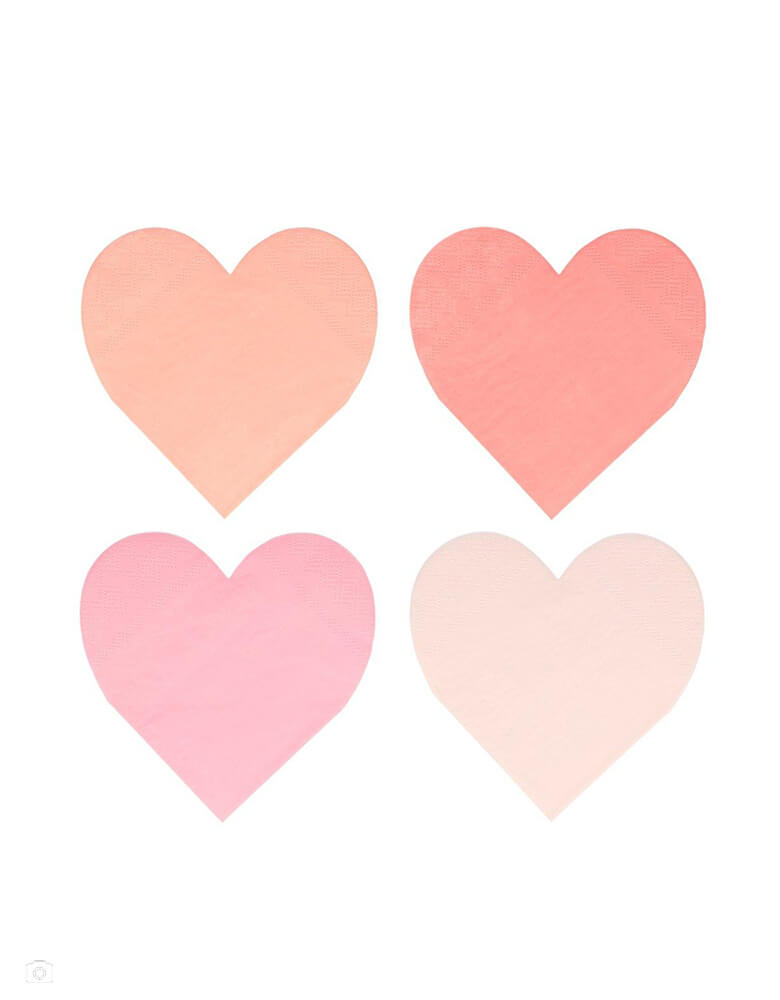 Meri Meri pink tone small die cut heart shaped napkin set in 4 shades of pink including coral, pink, peach and blush, perfect for a Valentine's Day or Galentine's Day celebration, wedding, bridal shower, engagement party or any girly themed birthday party.