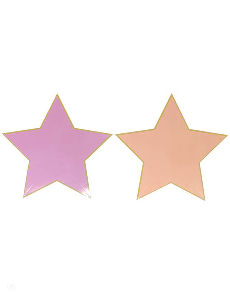 Momo Party's Pink and Peach Star Plates by Party Partners. These die-cut Pink and Peach Star Plates are embellished with shiny gold foil trim which adds sparkle to any stylish celebration! They're perfect for a girl power themed party or a gymnastic themed celebration!
