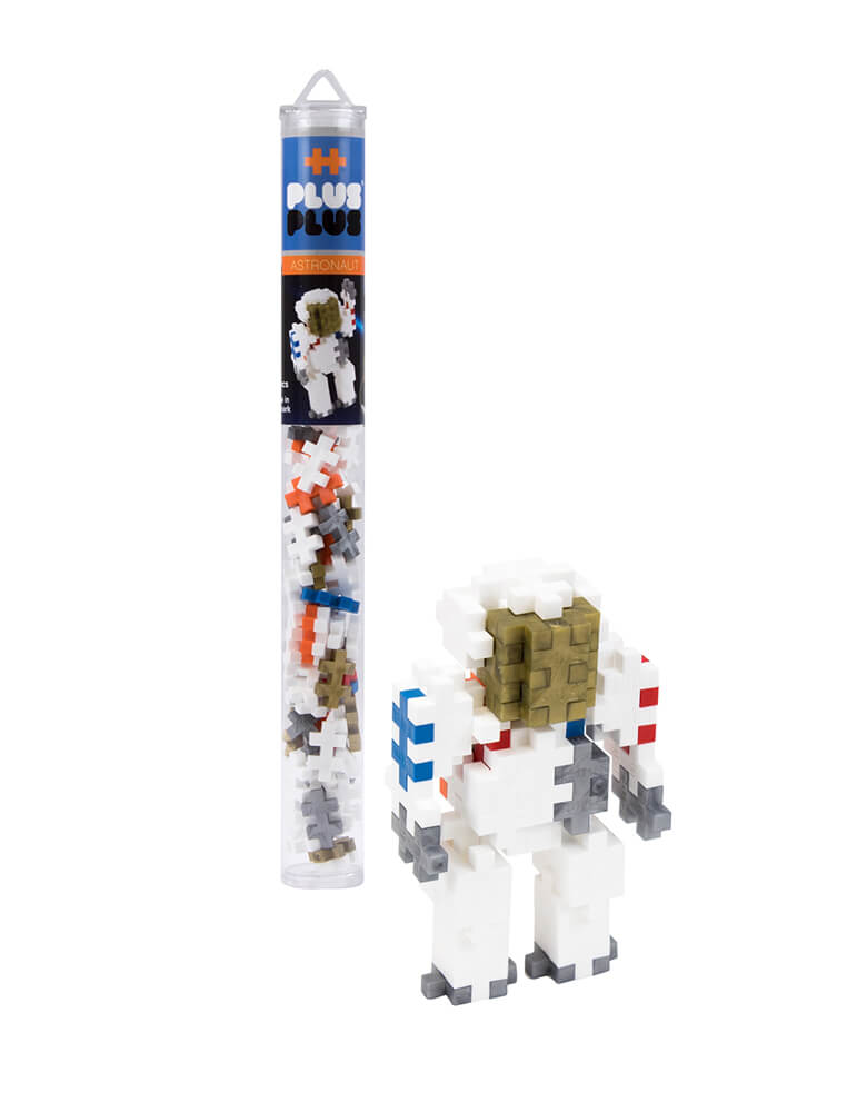 Plus-Plus Astronaut Tube with builded Astronaut sample. This tube contains 70+ pieces and instructions to build an Astronaut. Each piece easily connects to the next and lets your imagination create colorful flat mosaics or work in 3-D to make more intricate builds. Even curves are possible thanks to the unique design of this deceptively simple shape! A perfect STEM toy to develop fine motor skills, focus and patience - as well as design, imagination and creativity!