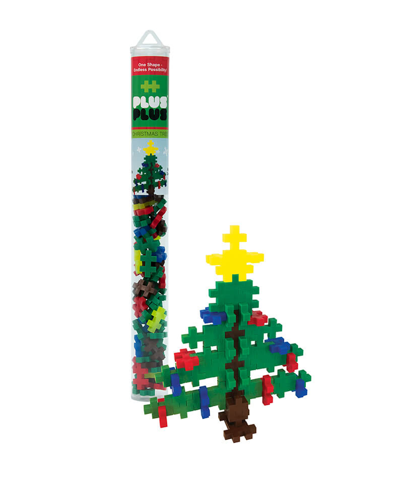 Plus-Plus Christmas Tree Tube. The 70 piece Christmas Tree tube with classic tree colors pieces - green brown, neon yellow, red and blue colors, it makes a great stocking stuffer this Holiday season, A perfect STEM toy to develop fine motor skills, focus and patience - as well as design, imagination and creativity!