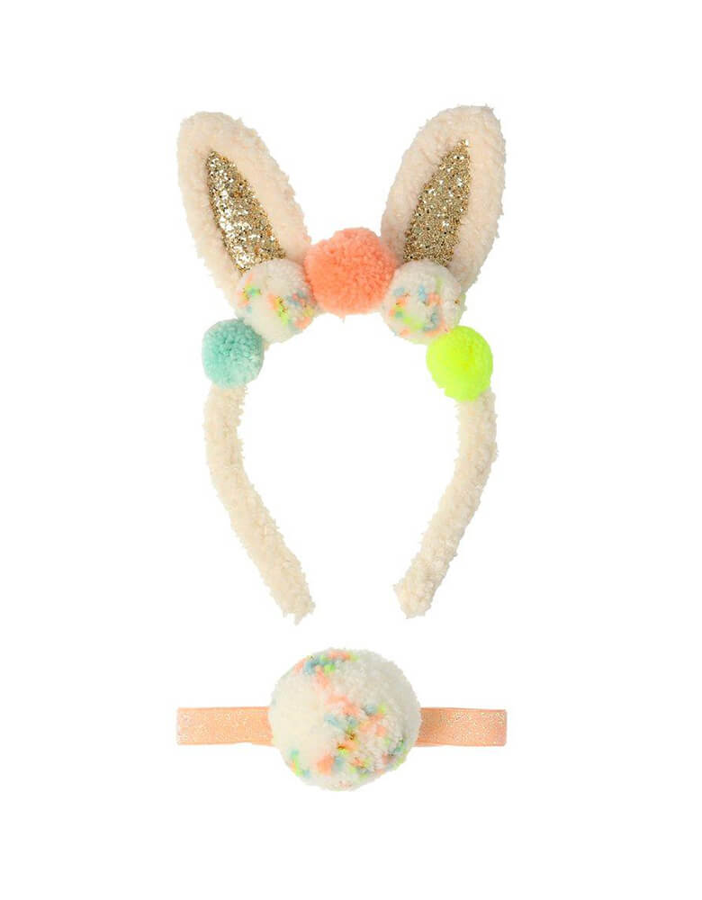 Meri Meri Pompom Bunny Ear Dress Up, Featuring a headband with glittery ears and lots of colorful pompoms, and the cutest fluffy bunny tail. Perfect as a gift for the Easter basket, or simply to add to a dressing up box for fun play at any time!