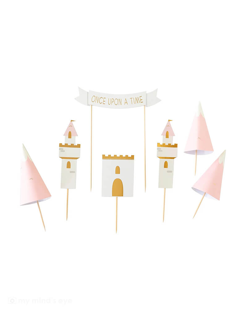 My Mind's Eye Princess Cake Topper set featuring castle pieces, mountains and a "Once Upon a Time" banner that will make any cake a the perfect addition to any princess party.