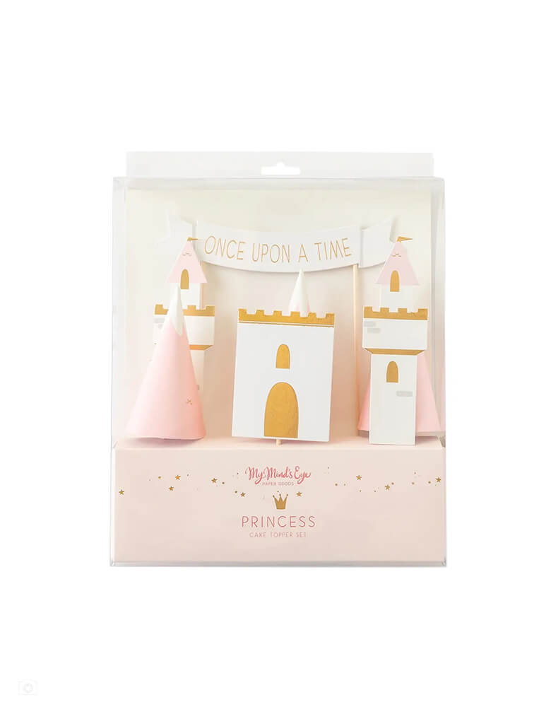 My Mind's Eye Princess Cake Topper set featuring castle pieces, mountains and a "Once Upon a Time" banner that will make any cake a the perfect addition to any princess party.