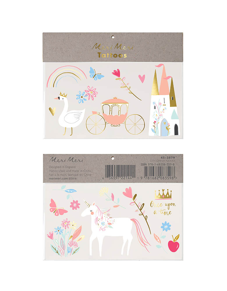 Meri Meri Princess Large Temporary Tattoos, featuring 2 sheet of design of princess castle, princess carriage, swan, a dreamy unicorn with flores, butterflies, rainbow, roes, heart, princess crown, and apple, printed with shiny gold foil for a stylish effect. These temporary tattoos are an amazing activity for a princess party or a rainy day. They're also fantastic to pop into party bags as a gift for your guests.