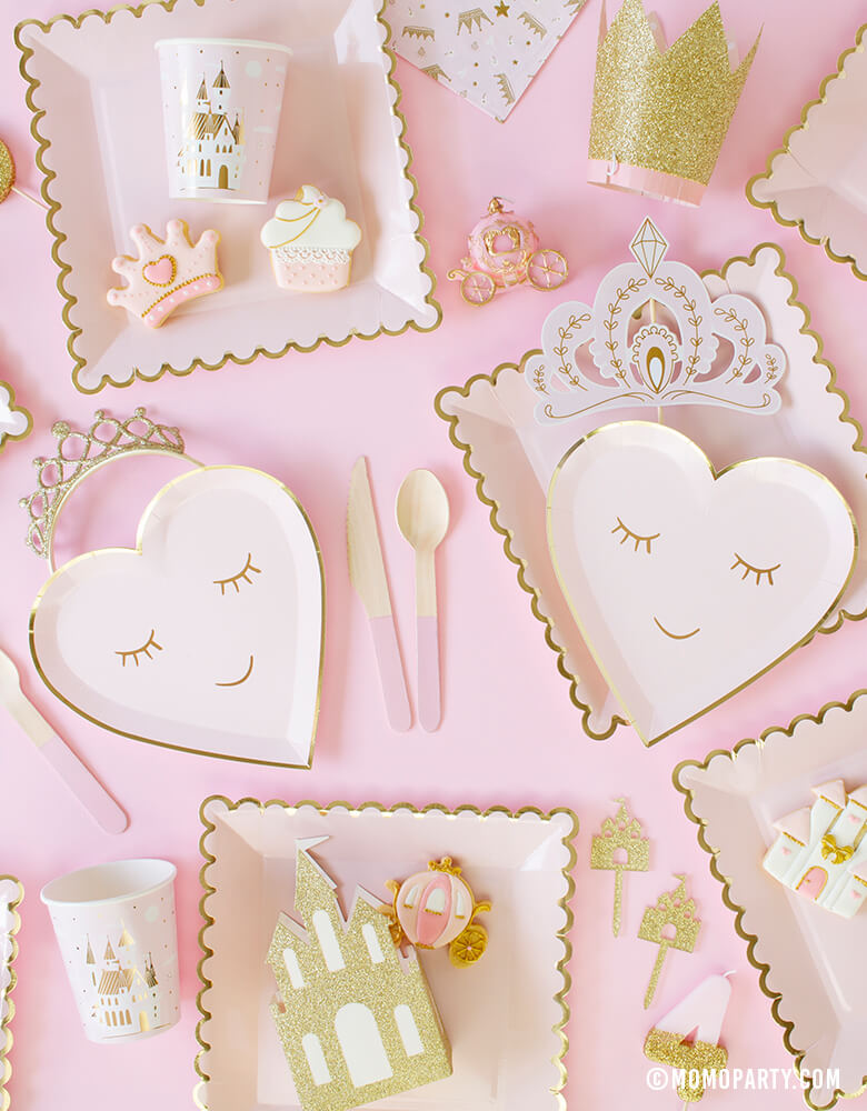 Sweet Princess Party tableware with Meri Meri Blushing Heart Small Plates, My mind's eye's blush large plates, castle cake topper, princess themed cookies, pink wooden cutlery, daydream society castle cups, Pink Gold Tiara   