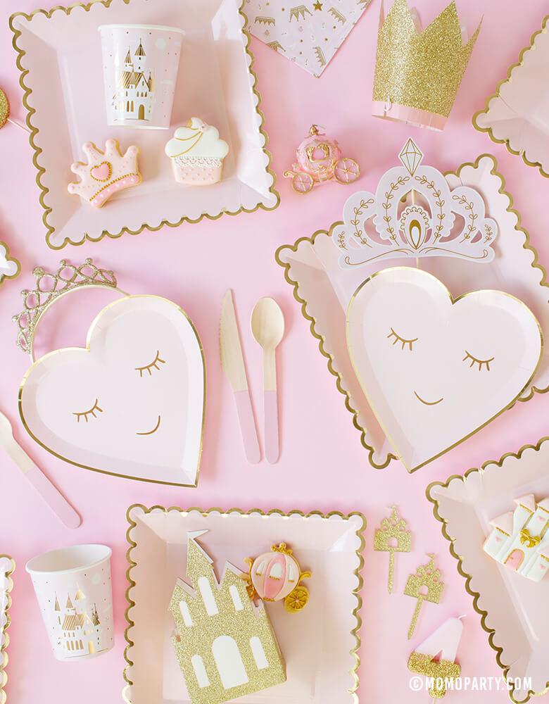 Sweet Princess Party tableware with Meri Meri Blushing Heart Small Plates, My mind's eye's blush large plates, castle cake topper, princess themed cookies, pink wooden cutlery, daydream society castle cups, Pink Gold Tiara