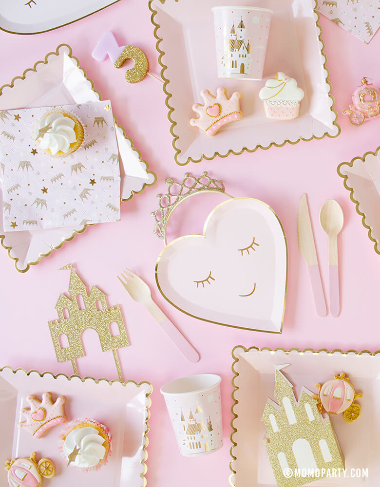 Sweet Princess Party tableware with Meri Meri Blushing Heart Plates, My mind's eye's blush large plates, castle cake topper, princess themed cookies, pink wooden cutlery, daydream society castle cups, castle napkin, pink #3 candle