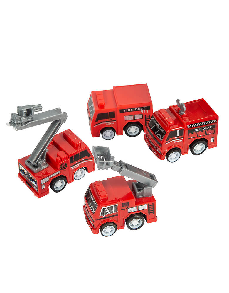 Fire Truck Pull-Back Toys by Fun Express. Set of 4. These toy firetrucks are hot party favors for a fireman birthday party! Pullpack cars are fun and easy to use, and children love creating games and races with them.