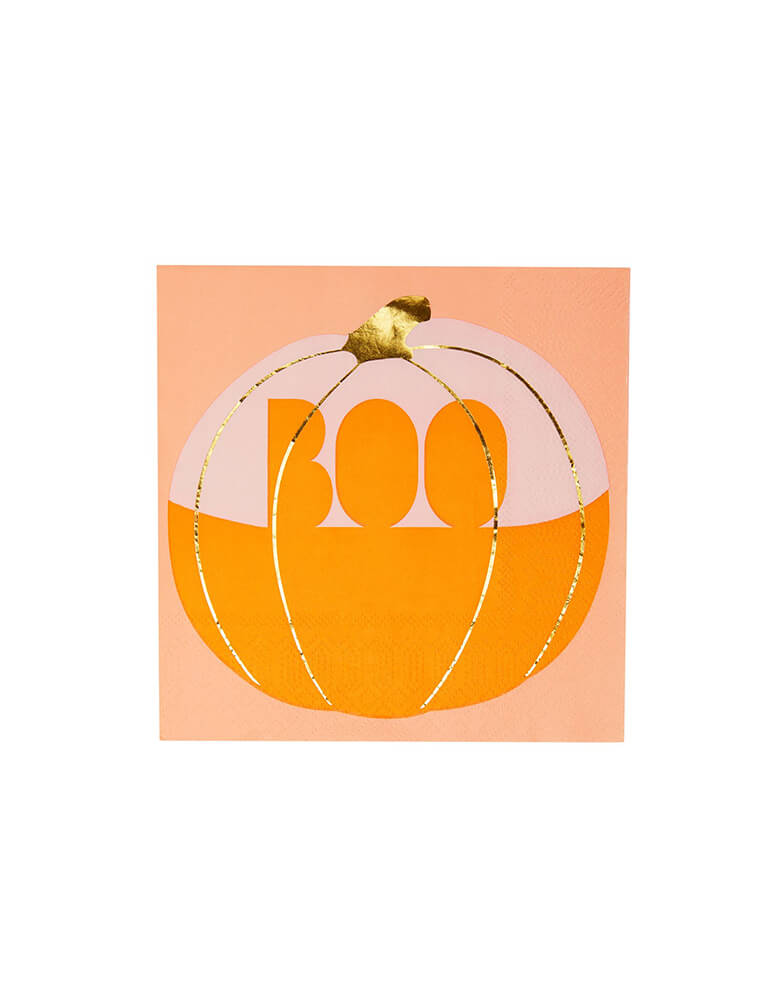 Talking Tables - Pumpkin Boo Napkins, Set of 16, These fun napkins feature a 'boo' carving design with gold foil details, perfect for Autumn dinners, a Halloween Party or Thanksgiving meal. 