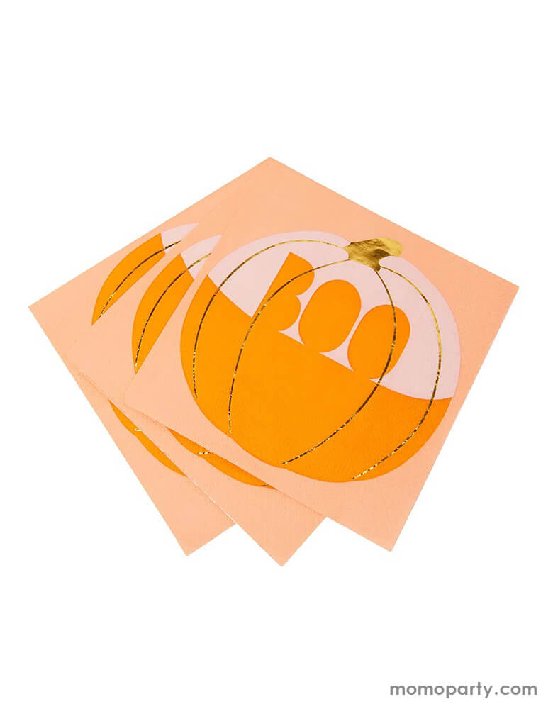 stacks of Talking Tables - Pumpkin Boo Napkins, Set of 16, These fun napkins feature a 'boo' carving design with gold foil details, perfect for Autumn dinners, a Halloween Party or Thanksgiving meal.