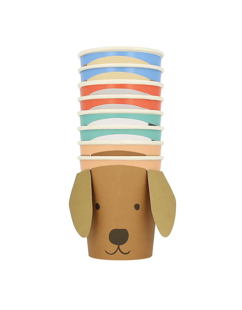 Momo Party's 9 oz puppy cups by Meri Meri, comes in a set of 8 cups in 4 difference designs of dog breeds, these adorable 3D cups. Their droopy ears, and sweet faces, will definitely delight your guests. As well as drinks, they are perfect to fill with popcorn, sweet treats and party favors. They're simply perfect for your kid's puppy or dog themed birthday party.