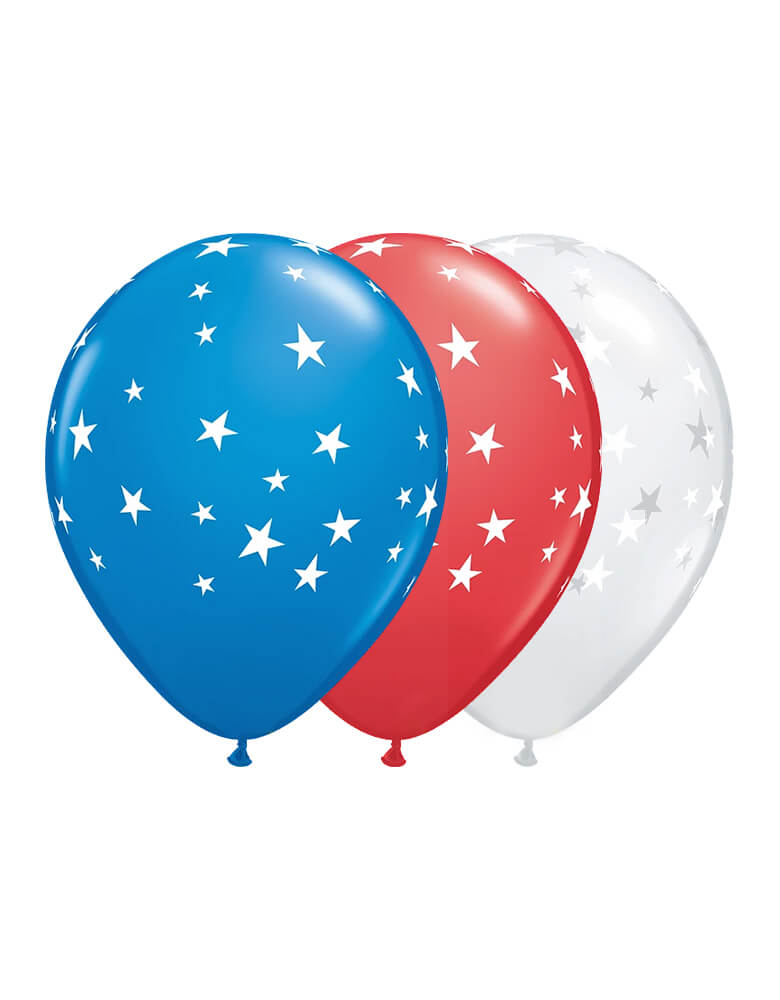 Qualatex 11 inch BIG STARS - DARK BLUE, RED & DIAMOND CLEAR. Celebrate your stars themed party with these 11" round Big Stars - Dark Blue, Red & Diamond Clear printed latex balloons. The perfect balloons for your stars party Patriotic