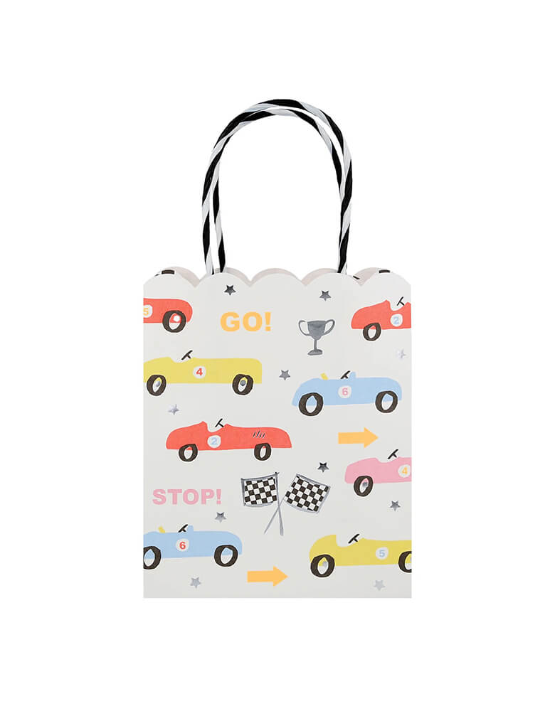 Momo Party's race car party bags by Meri Meri, comes in set of 8, featuring vintage race car designs with a trophy and race car flags, they're perfect to send your kid's friends home!