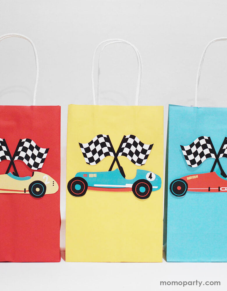 Party favor bags with Merrilulu - Race Car Gift Bag Stickers. These Gift bag stickers featuring vintage red, blue and yellow race car with checkerboard flag design. peel and stick on a paper bag, ready for a modern look race car party