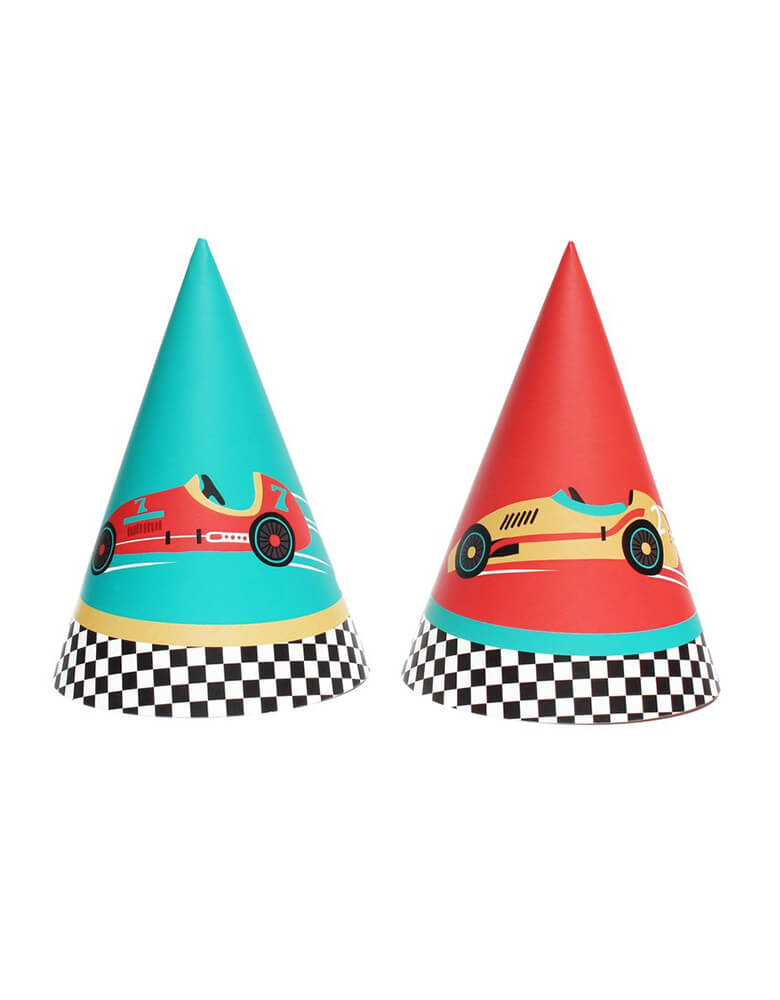 Merrilulu - Race Car Party Hats. Pack of 12, in 2 styles, featuring red and vintage blue color with race car design.