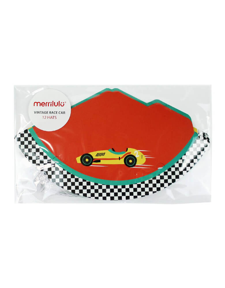 Merrilulu - Race Car Party Hats. packed in a clear bag. Pack of 12, in 2 styles, featuring red and vintage blue color with race car design. Simple assembly required