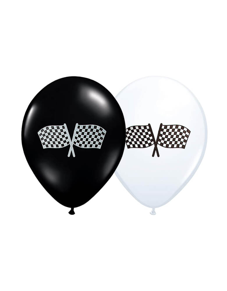 Black & White Checkered Flag 11" Latex Balloons. This Racing Flag Latex Balloon Mix featuring 11 inches black and white latex balloon with racing flag print on it. Mixing with foil balloons to your race car themed celebration!
