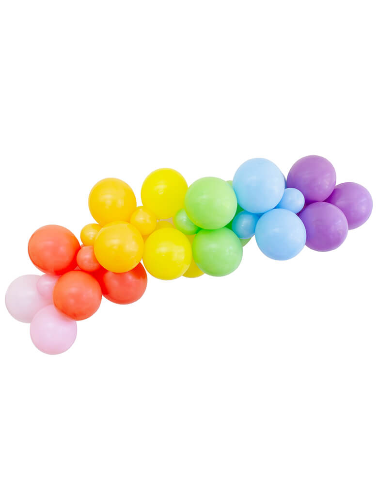 Rainbow Colored Balloon Garland, Assorted 11” (large) & 5” (small) Rainbow themed latex balloons in pink, coral, yellow,lime, light blue and purple colors, Wall decoration, Backdrop decoration, Party decoration for Rainbow themed birthday Party, Pride Party. Made in the USA