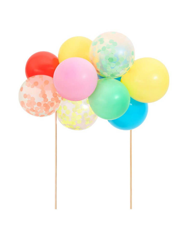 Meri Meri's Rainbow Balloon Cake Topper Kit with mini multicolored latex balloons and confetti balloons