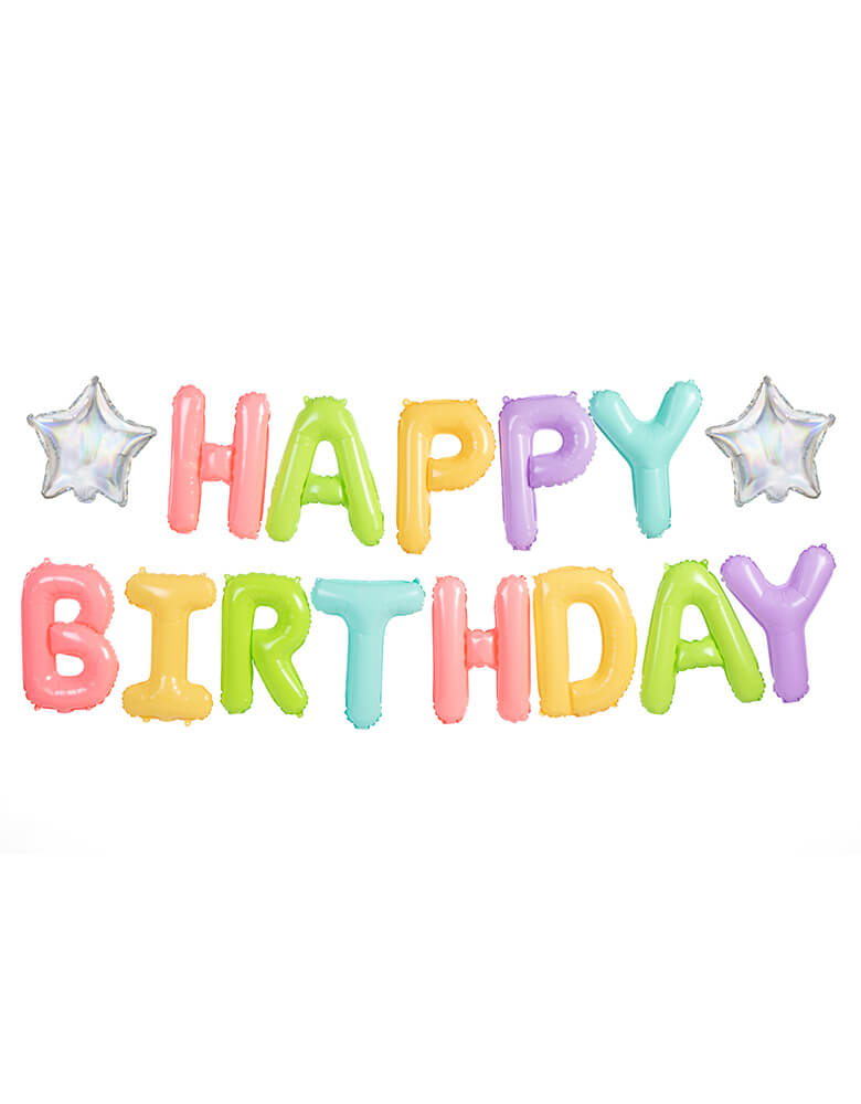 Party Deco - Rainbow Happy Birthday Foil Balloon Set. Celebrate birthdays in style with this fabulous rainbow happy birthday foil balloon set in multiple colors. Spelling out "Happy Birthday" in 5 cheerful colors of yellow, pink pink, light green, mint and lilac, this balloon set comes with two iridescent star balloons for the extra magic!
