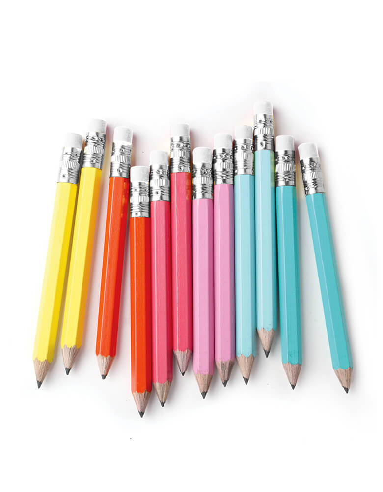 Rainbow Mini Pencils by inklings Paperie. Set of 12, This set of 12 sweet mini pencils comes, With a silver ferrule and white eraser, pencils come pre-sharpened and are perfect for party games, favors, back to school supplies. These are also great for fine motor skills.